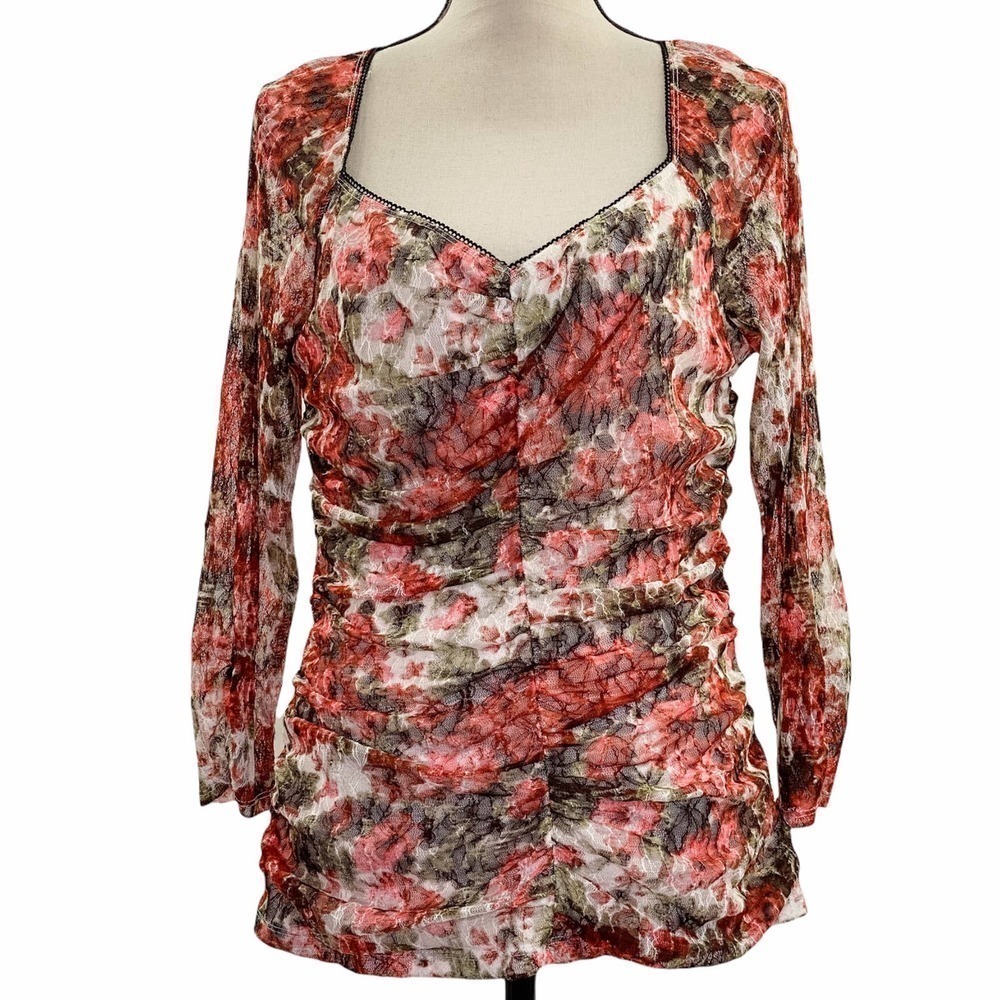Agb Long Sleeve Printed Sweetheart Neckline Blouse